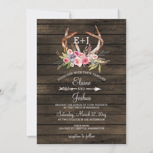 Blooming Antlers Country Chic Wedding Invitations Kaart (Voorkant)