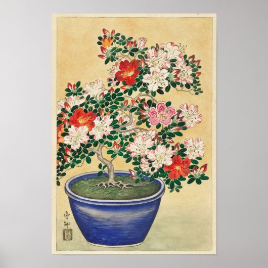Blooming Azalea in Blue Pot door Ohara Koson Poster (Voorkant)