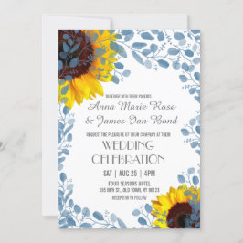 Blooming Blue Sunflower Floral Wedding Invitations Kaart