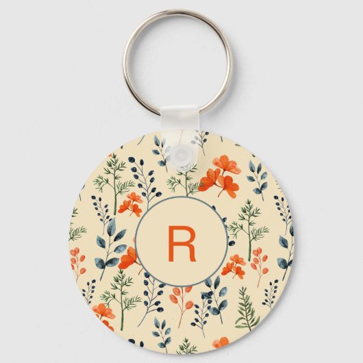 Blooming Botanische Oranje Floral Green Branch Sleutelhanger (Voorkant)