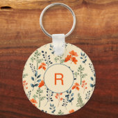 Blooming Botanische Oranje Floral Green Branch Sleutelhanger (Voorkant)