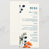 Blooming Botanische Sinaasappel Floral Blue Weddin Menu (Voorkant / Achterkant)