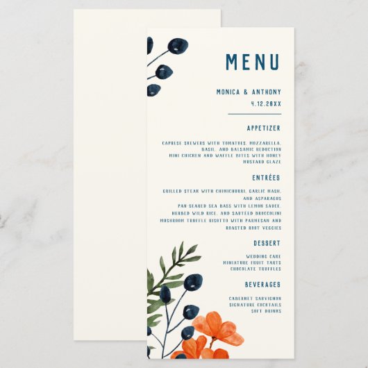 Blooming Botanische Sinaasappel Floral Blue Weddin Menu (Voorkant / Achterkant)