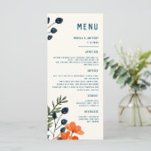 Blooming Botanische Sinaasappel Floral Blue Weddin Menu (Staand voorkant)