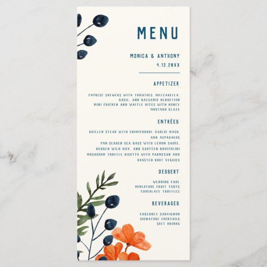 Blooming Botanische Sinaasappel Floral Blue Weddin Menu (Voorkant)