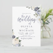 Blooming botanische stoffige blauwe bruiloft kaart (Staand voorkant)