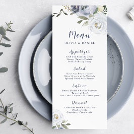 Blooming botanische stoffige blauwe bruiloft menu