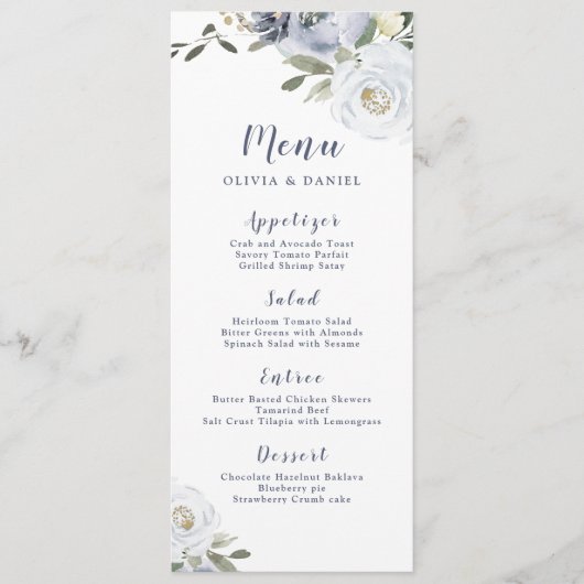 Blooming botanische stoffige blauwe bruiloft menu (Voorkant)