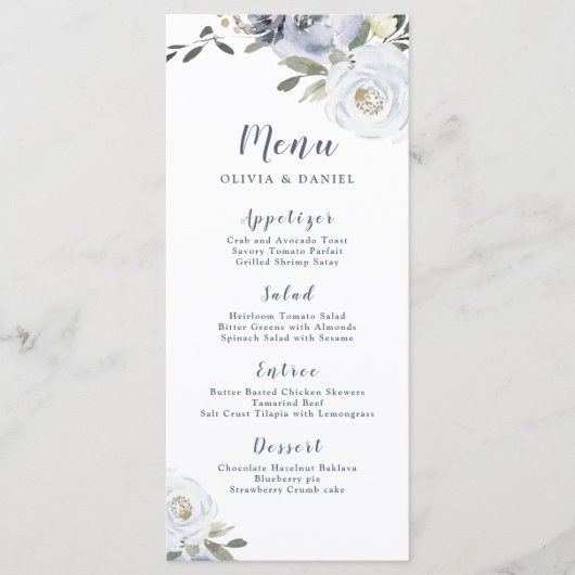 Blooming botanische stoffige blauwe bruiloft menu (Voorkant)