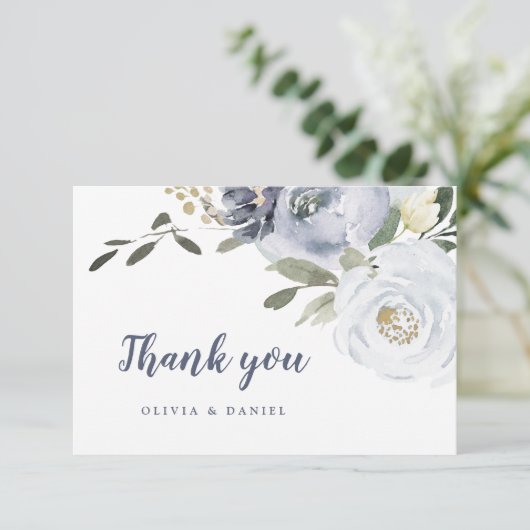 Blooming botanische stoffige blauwe waterverf flor bedankkaart (Staand voorkant)