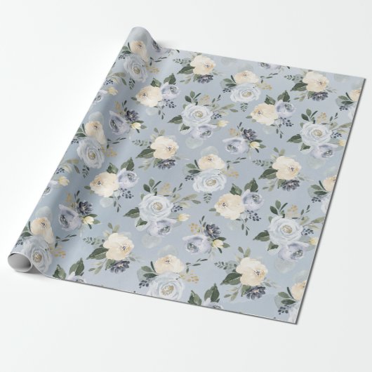 Blooming botanische stoffige blauwe waterverf flor cadeaupapier (Uitgerold)