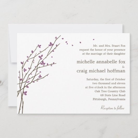 Blooming Branches Wedding Invitation - Plum Kaart (Voorkant)