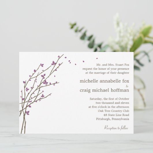 Blooming Branches Wedding Invitation - Plum Kaart (Staand voorkant)