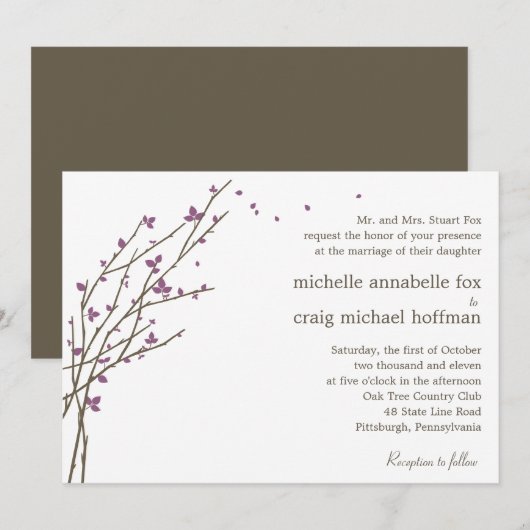 Blooming Branches Wedding Invitation - Plum Kaart (Voorkant / Achterkant)