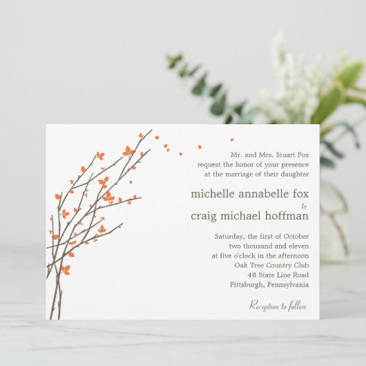 Blooming Branches Wedding Invitation - Sinaasappel Kaart (Staand voorkant)