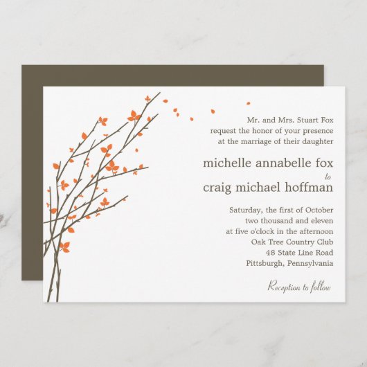 Blooming Branches Wedding Invitation - Sinaasappel Kaart (Voorkant / Achterkant)