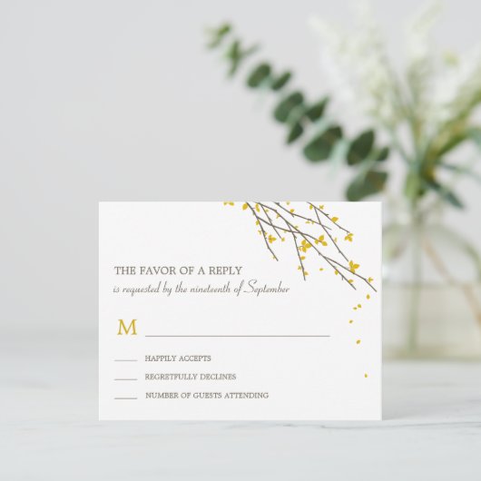 Blooming Branches Wedding RSVP Card - Mustard (Staand voorkant)