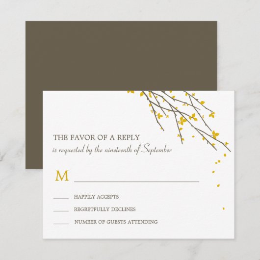 Blooming Branches Wedding RSVP Card - Mustard (Voorkant / Achterkant)