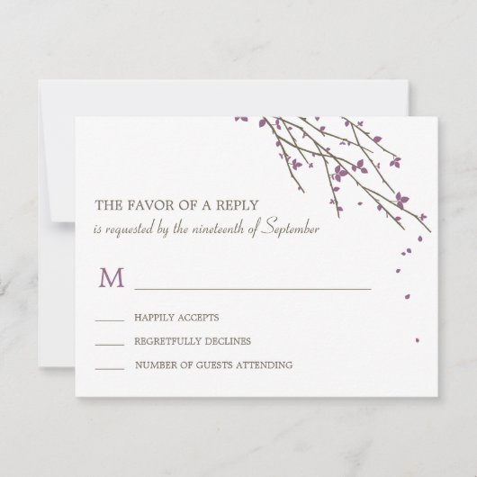 Blooming Branches Wedding RSVP Card - Plum (Voorkant)
