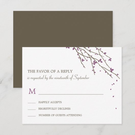 Blooming Branches Wedding RSVP Card - Plum (Voorkant / Achterkant)