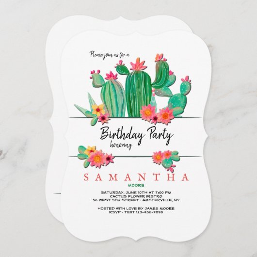 Blooming Cactus Birthday Party Invitation Kaart (Voorkant / Achterkant)