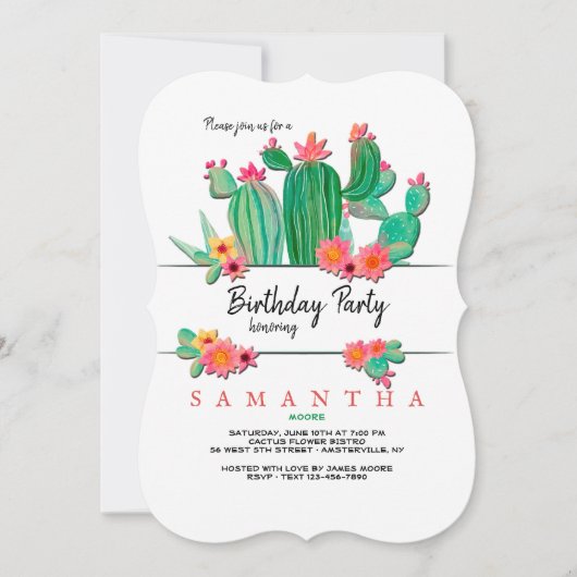 Blooming Cactus Birthday Party Invitation Kaart (Voorkant)