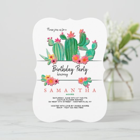 Blooming Cactus Birthday Party Invitation Kaart (Staand voorkant)