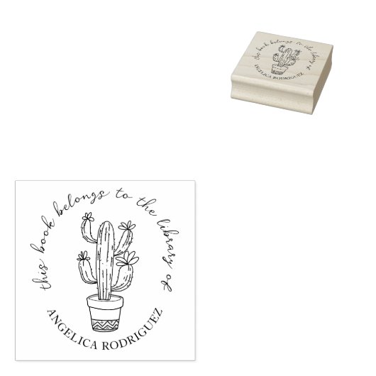 Blooming Cactus Hand-drawn Library Book Rubberstempel (Gestempeld)
