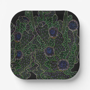 Blooming Cactus Succulent Cacti Night Neon Black Papieren Bordje