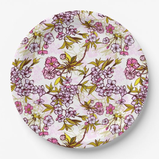 Blooming Cherry Blossom Pattern Papieren Bordje (Voorkant)