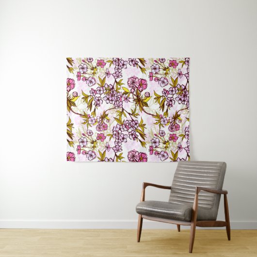 Blooming Cherry Blossom Pattern  Wandkleed (In Situ (horizontaal))