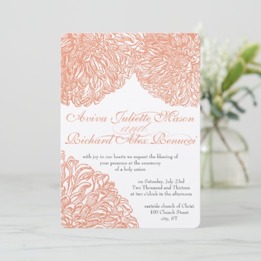 Blooming Dahlia Peach Coral Wedding Kaart (Staand voorkant)