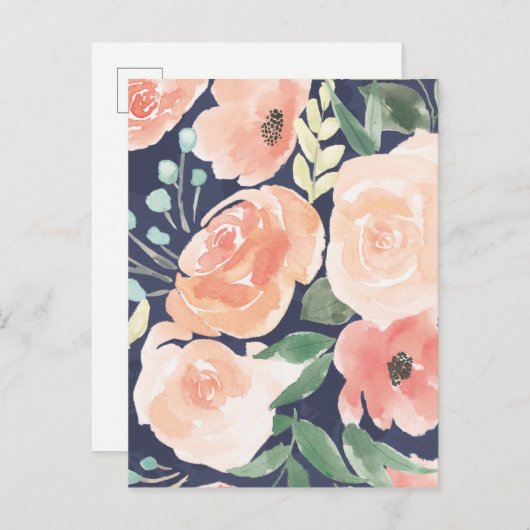Blooming Delight | Perzik en blauwe Rozen en papav Briefkaart (Voorkant / Achterkant)