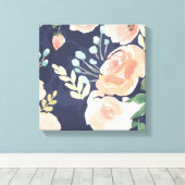 Blooming Delight | Perzik en blauwe Rozen en papav Canvas Afdruk (Insitu (Houten vloer))