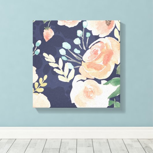 Blooming Delight | Perzik en blauwe Rozen en papav Canvas Afdruk (Insitu (Houten vloer))
