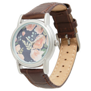 Blooming Delight Perzik en blauwe Rozen en papav Horloge