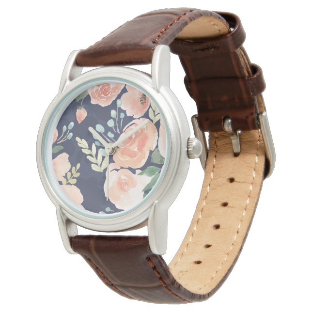 Blooming Delight | Perzik en blauwe Rozen en papav Horloge (Gekanteld)