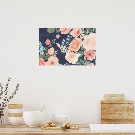 Blooming Delight | Perzik en blauwe Rozen en papav Poster (Keuken)