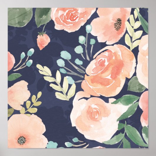 Blooming Delight | Perzik en blauwe Rozen en papav Poster (Voorkant)