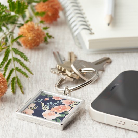 Blooming Delight | Perzik en blauwe Rozen en papav Sleutelhanger (Zijkant)