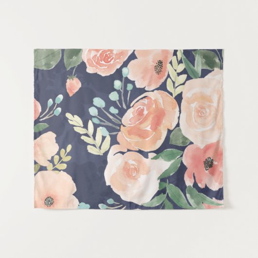 Blooming Delight | Perzik en blauwe Rozen en papav Wandkleed (Voorkant (horizontaal))