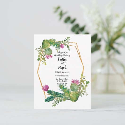 Blooming Desert Cactus Wedding Invite Briefkaart (Staand voorkant)