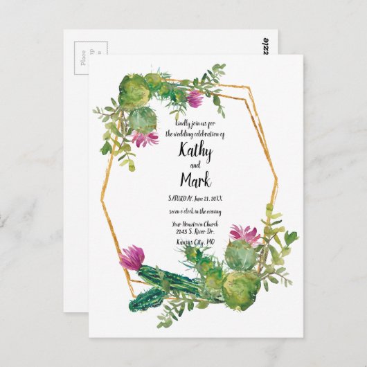 Blooming Desert Cactus Wedding Invite Briefkaart (Voorkant / Achterkant)