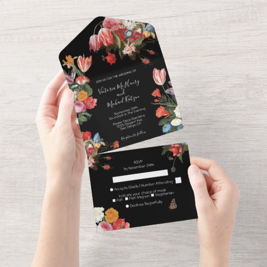 Blooming Garden Dark & Moody Wedding Kessel All In One Uitnodiging (Afscheurbaar)