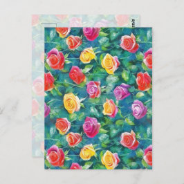 Blooming garden rose bush watercolor pattern briefkaart