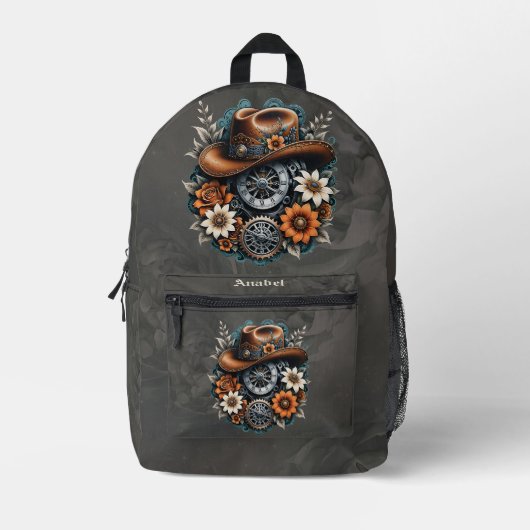 Blooming Gears: Steampunk cowboystijl. Bedrukte Rugzak (Voorkant)