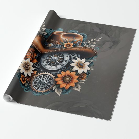 Blooming Gears: Steampunk cowboystijl. Cadeaupapier (Uitgerold)