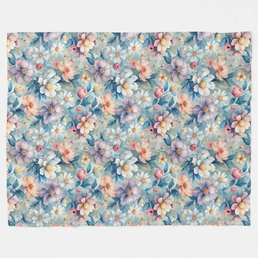 Blooming Harmony: Een symfonie van Waterverf bloem Fleece Deken (Voorkant (Horizontaal))