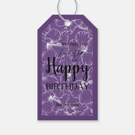 Blooming Hibiscus Floral Sketch Paars Cadeaulabel (Voorkant)