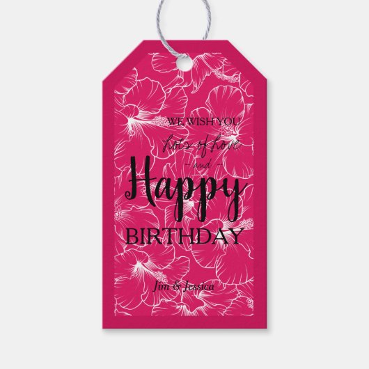 Blooming Hibiscus Floral Sketch Pink Cadeaulabel (Voorkant)